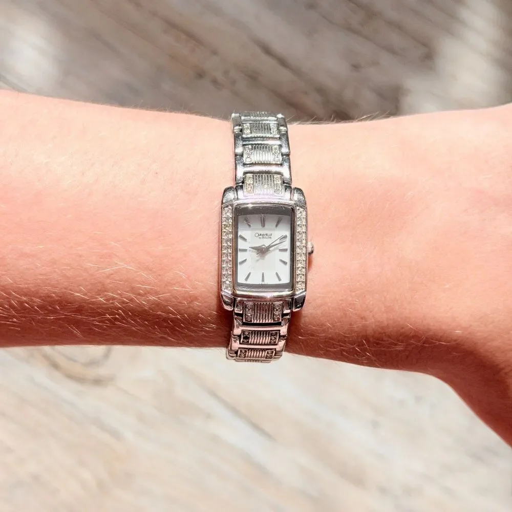 Bulova Silver Tone Rhinestone Rectangle Watch Dainty Y2K C837433 Cocktail